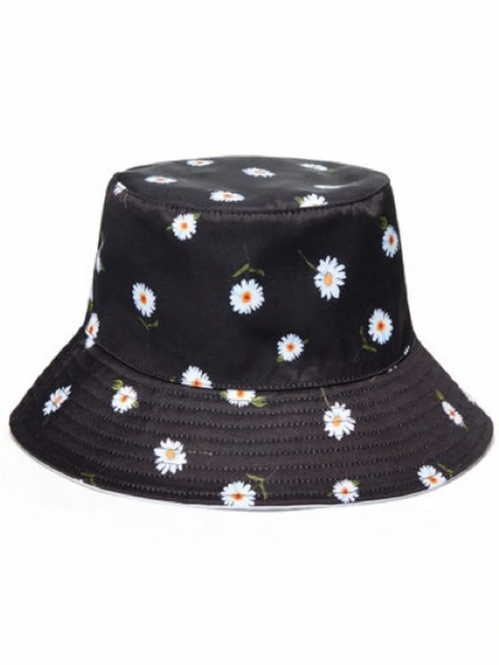 Black Daisy Print Reversible Bucket Hat